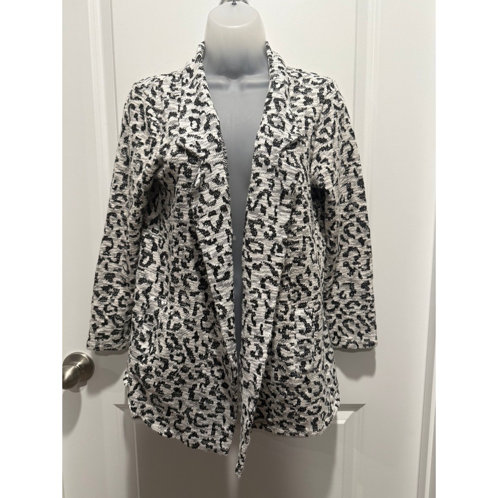 Bobeau Womens Leopard Print Open Front Cardigan Black White Knit Jacket Size‎ M